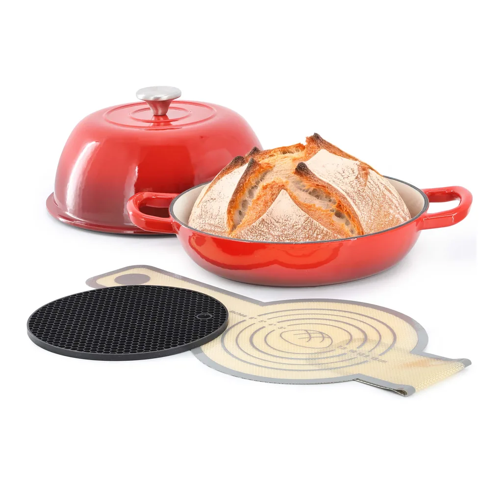 ccc44e5d-8ff4-4efc-b9af-d5349ea07a94.jpg MegaChef - 6 Quart Enameled Cast Iron Bread Pot with Baking Mat - Red