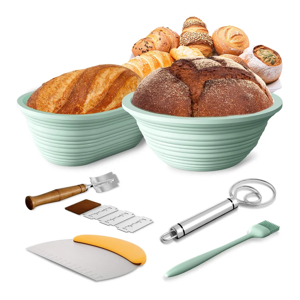 ccc51875-159d-4e6e-8b83-65be14ce4fab.jpg PAIHOME - Silicone Proofing Basket Set for Sourdough Bread Baking - Food-Grade, Foldable, Dishwasher Safe, Heat Resistant to 450℉ - Green