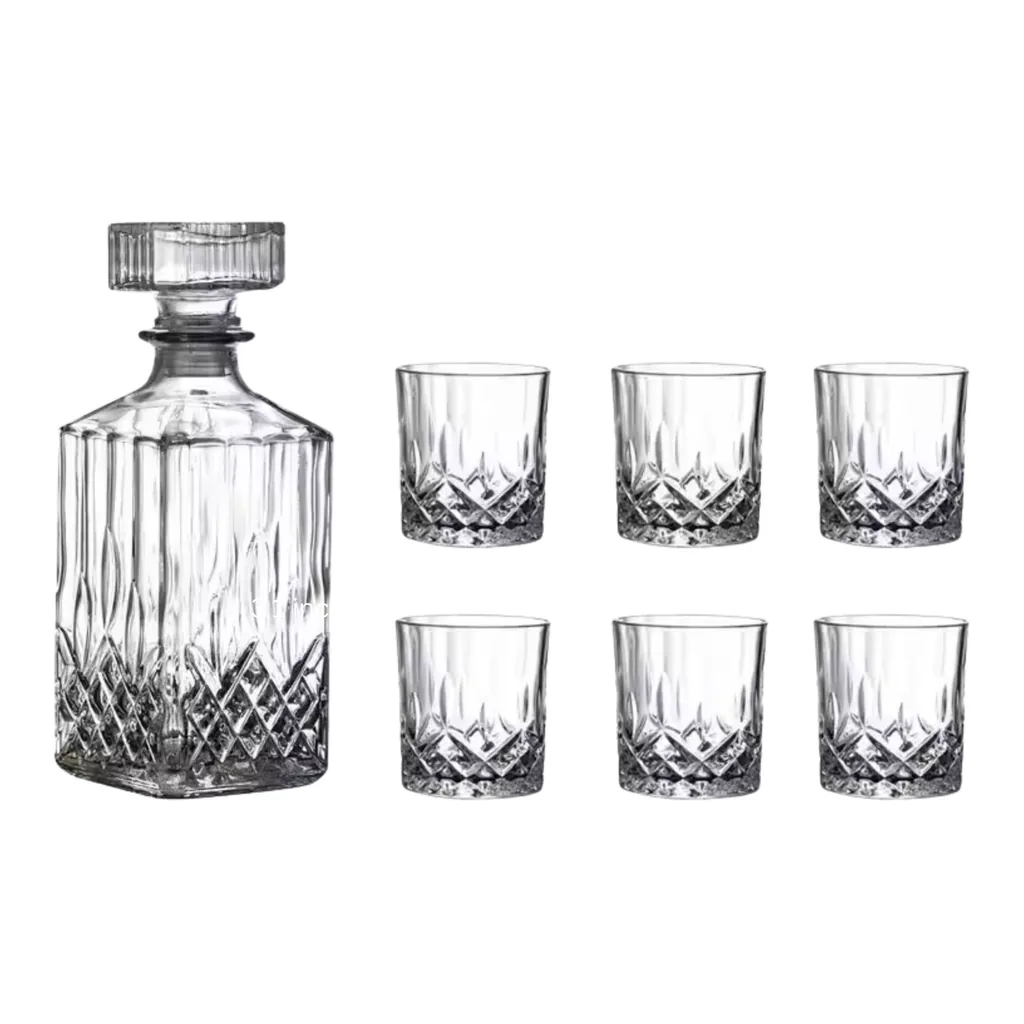 cec2c6d0-fd02-42b6-8941-5f8e48681623.jpg Kitcheniva - 25 oz Vintage Style Glass Whiskey Decanter Set with Stopper - Includes 6 Glasses (7.4 oz) - Clear