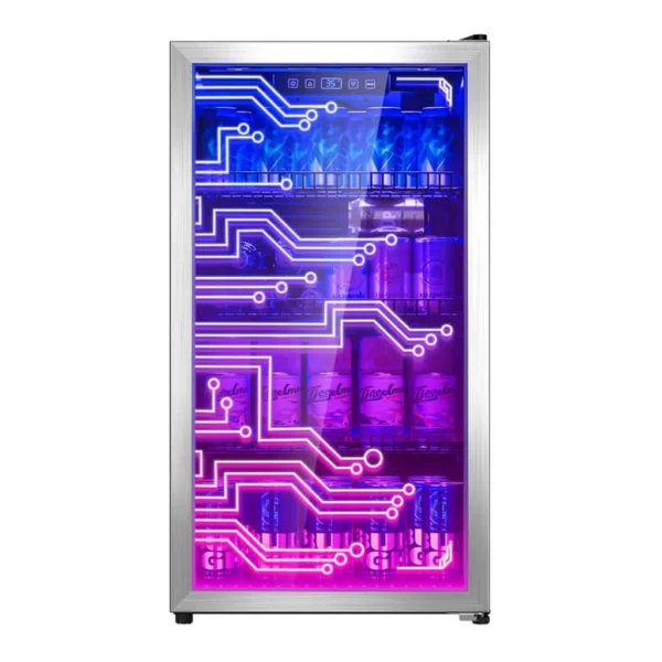 cf6385c3-9204-47d6-a2d9-f8edb9614a1b.jpg Manastin - 120‑Can Freestanding Light‑Up Beverage Cooler, LED Lighting Door, Cyberpunk Style for Game Room, Bar and Party Use - Silver
