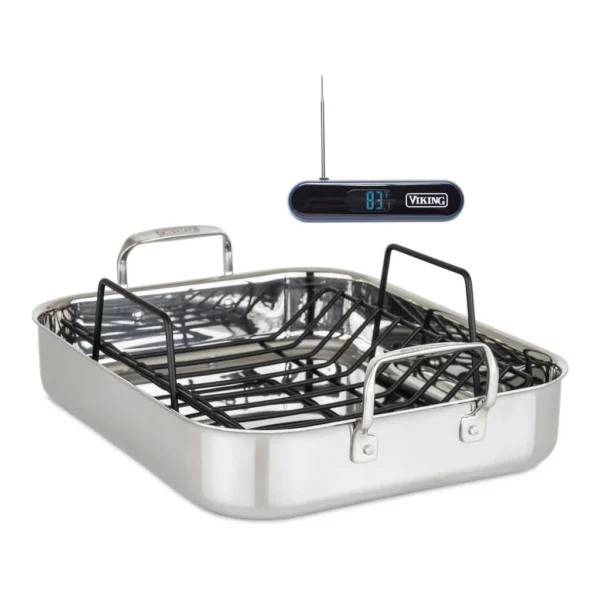 d02fdd7f-2716-4bf0-8c9f-a96a9d03568e.jpg Viking - 3-Ply Stainless Steel Roasting Pan with Rack and Bonus Thermometer - Silver