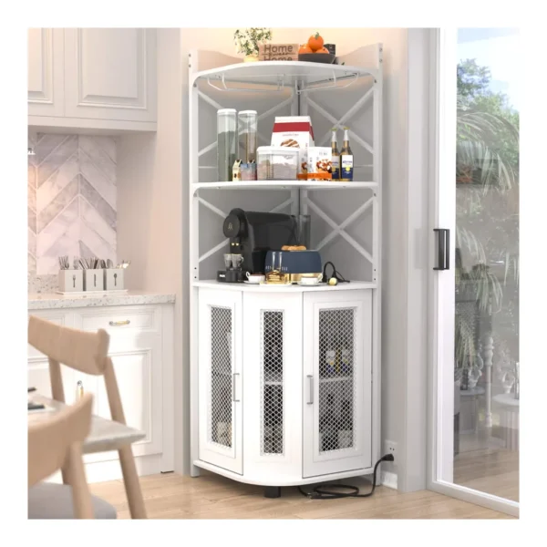 d2eb8d61-f288-4246-84d7-2452b831b16b.jpg Aheaplus - Industrial 5-Tiers Corner Bar/Wine/Liquor Cabinet with Power Outlet, LED Strip & Glass Holder for Home Small Space - White