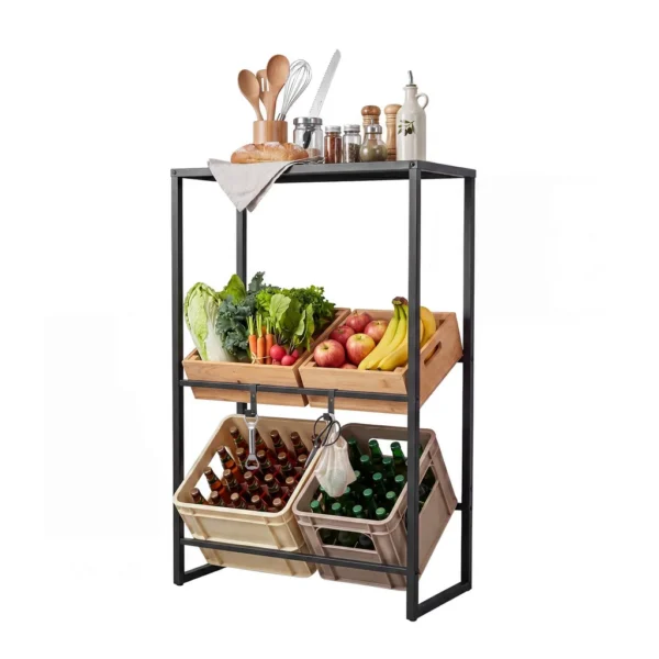 d323ee3a-3dda-49f0-af17-1f050a5827cb.jpg Gymax - 3-Tier Drink Crate Rack Heavy-duty Metal Storage Rack w/ Shelf 2 Hanging Hooks - Black