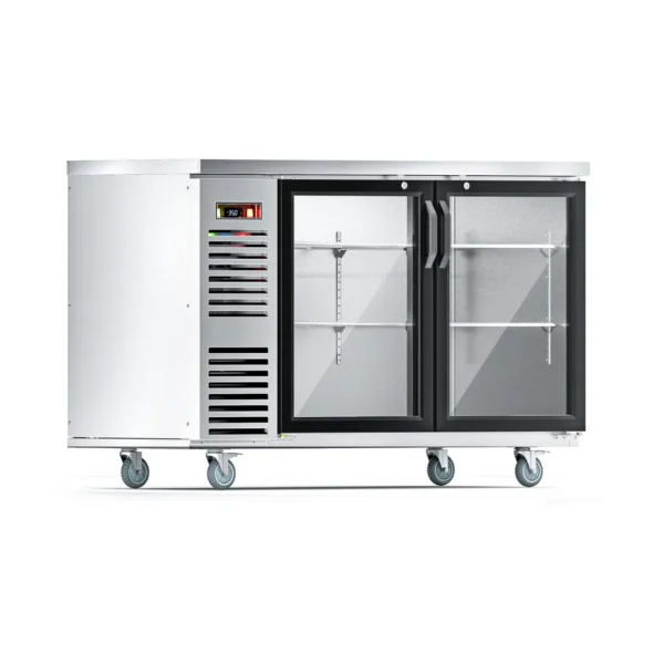 d33558ea-06d6-44c7-80ff-42678bedadbf.jpg Coolake - 60" 17.3 Cu.Ft. 2 Glass Door Back Bar Cooler with Top LED Lighting for Bar Office Store, 33-41℉ - Stainless Steel