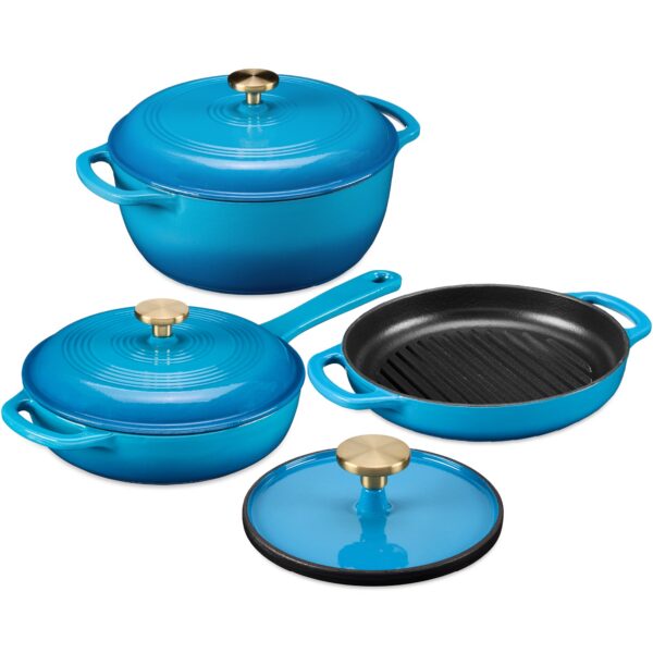d3d8b60a-1763-4f16-86eb-3f975eb2d4f0.jpg Best Choice Products - 6-PC Cast Iron Cookware Set, 6Qt Dutch Oven, 2Qt Skillet W/Lid, 10" Grill Pan W/Press - Blue