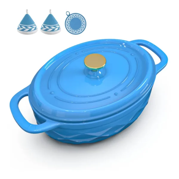 d5048c7a-fc2d-48b8-ab93-33aae24b96fd.jpg Winado - 7.5 QT Oval Enameled Cast Iron Dutch Oven Pot with Diamond Texture & Self-Basting Lid & Heat Resistant Mitts & Pot Mat - Blue