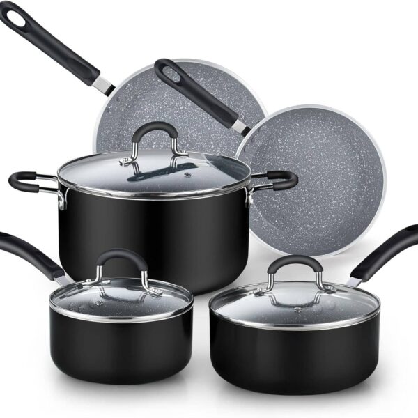 d535eef1-81f1-427d-ad0b-957b79c51bb7.jpg Cook N Home - Nonstick Kitchen Cookware incl.Saucepan Frying Pan Stockpots 8-Piece, Heavy Gauge, Stay Cool Handle, Marble - Black