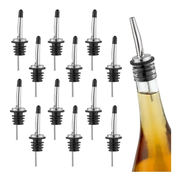 d5530af3-2063-499e-b99e-4865c8e51f2a.jpg Zulay Kitchen - 12 Pack Stainless Steel Liquor Pourers with Rubber Dust Caps - Tapered Spout Liquor Bottle Pourers - Black