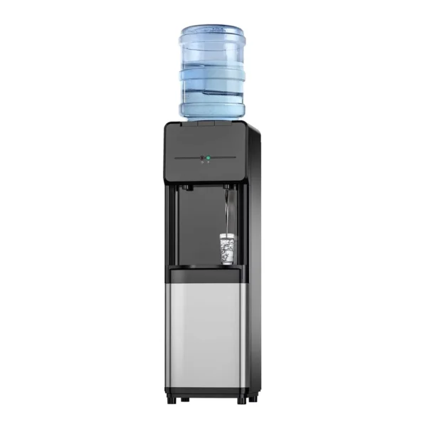 d6b1ba8b-00bb-4800-830a-0ea8a749ff7b.jpg SIMZLIFE - Top Loading Water Dispenser (Hot & Cold) - Fits 3 or 5 Gallon Bottles, Features Child Safety Lock, Ideal for Home Kitche - Black silver color scheme