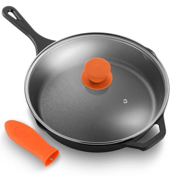 d9f6c9ce-77f8-4434-a6fe-8a84b51d429c.jpg NutriChef - 10-Inch Cast Iron Skillet with Lid, Pre-Seasoned Small Fry Pan, Drip Spout & Silicone Handle (NCCI10) - Black