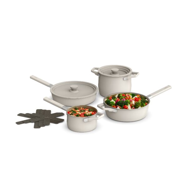 da609ee2-5b17-463d-8d77-5f5bb506c00b.jpg Bella - Fits-anywhere Kitchenware: 9-Piece Store More Ceramic Nonstick Cookware Set - Oatmilk