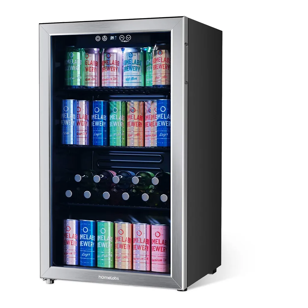 db0634c7-776c-459e-ba74-5c8878aa8548.jpg hOmeLabs - 120 Can Beverage Refrigerator Cooler Glass Door Mini Fridge, 3.2 Cu Ft - Stainless Steel and Black