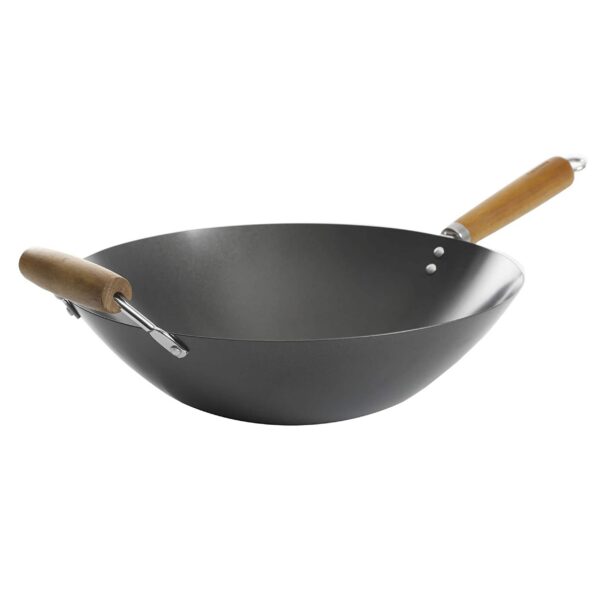 db9ead0a-b5f2-4b9c-bdee-688fa91d0244.jpg Kenmore - Hammond 14 Inch Flat Bottom Carbon Steel Wok with Wooden Handles - Black