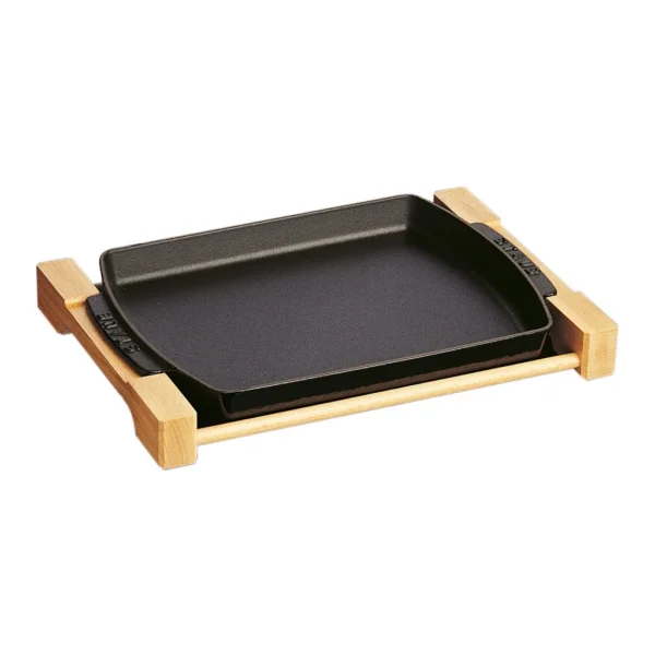deca68f9-177c-4e29-b9d0-1caa49eb7a3d.jpg Staub - Cast Iron 13 x 9-inch Rectangular Serving Dish with Wood Base - Matte Black