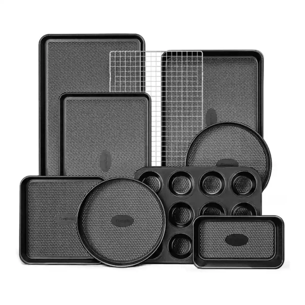 df3ce9e9-e1b4-48df-b34b-d04f0eb7aea9.jpg HONGBAKE - 9-Piece Baking Pans Set Nonstick, Stackable Non Toxic Bakeware Sets with Diamond Texture - Black