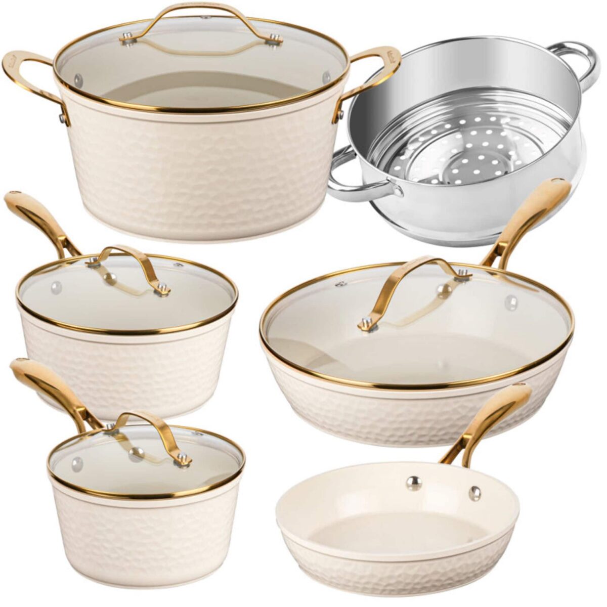 e0323c87-1f91-4332-887d-79003c325ac5.jpg Gotham Steel - 10 Piece Hammered Nonstick Ceramic Cookware Set - Cream