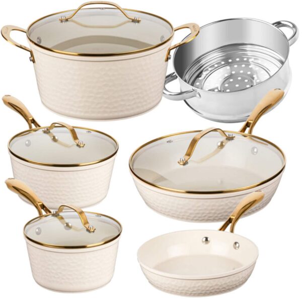 e0323c87-1f91-4332-887d-79003c325ac5.jpg Gotham Steel - 10 Piece Hammered Nonstick Ceramic Cookware Set - Cream