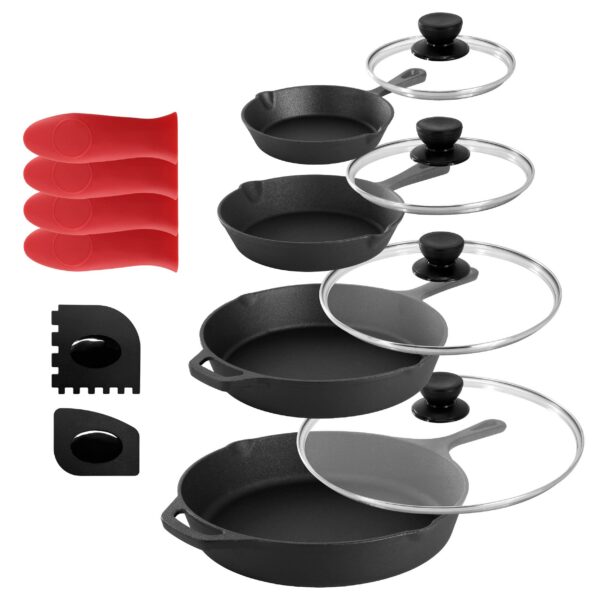 e1a0fd65-4bc4-4384-a146-c76483c44e3d.jpg MegaChef - 13 Piece Cast Iron Skillet Set with Tempered Glass Lids and Silicone Holders - Black and Red