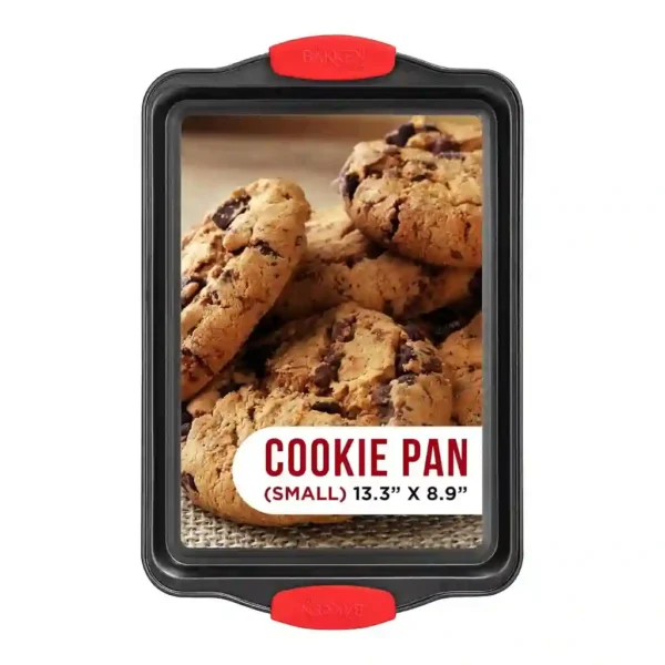 e1b31444-ee13-4836-8bac-51e84e7ce4e4.jpg Bakken- Swiss - Nonstick Carbon Steel Cookie Sheet Pan with Red Silicone Handles – Gray Coating Inside & Outside – Small Size - Black