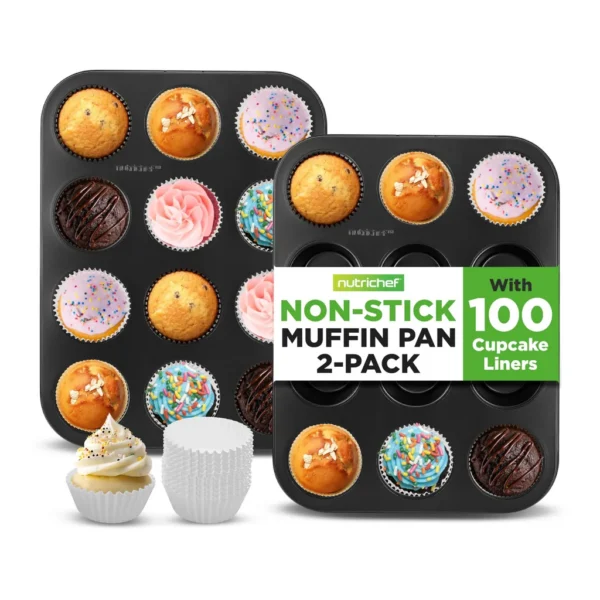 e1dc1243-f8ca-4de4-8a4e-3fe616e5d440.jpg NutriChef - Muffin Pans 2-Pack, Nonstick 12-Mold Cupcake Tins, Carbon Steel, Dishwasher Safe (NC2TRCP4) - Black