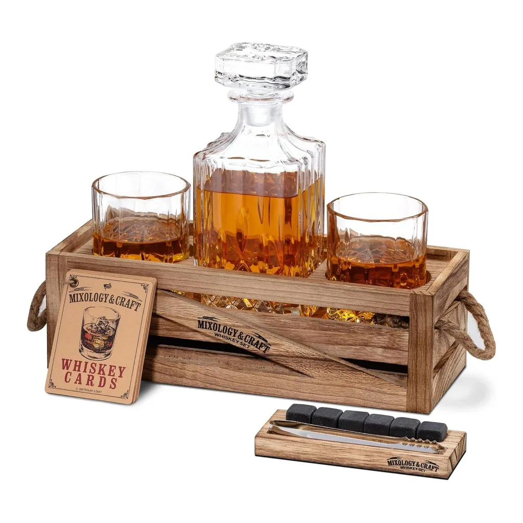 e351726b-ee09-443e-9b3c-ad41dedc39c1.jpg Zulay Kitchen - Whiskey Decanter Gift Set – 10oz Crystal Whiskey Glasses, Wood Stand & 6 Granite Whiskey Stones - Brown