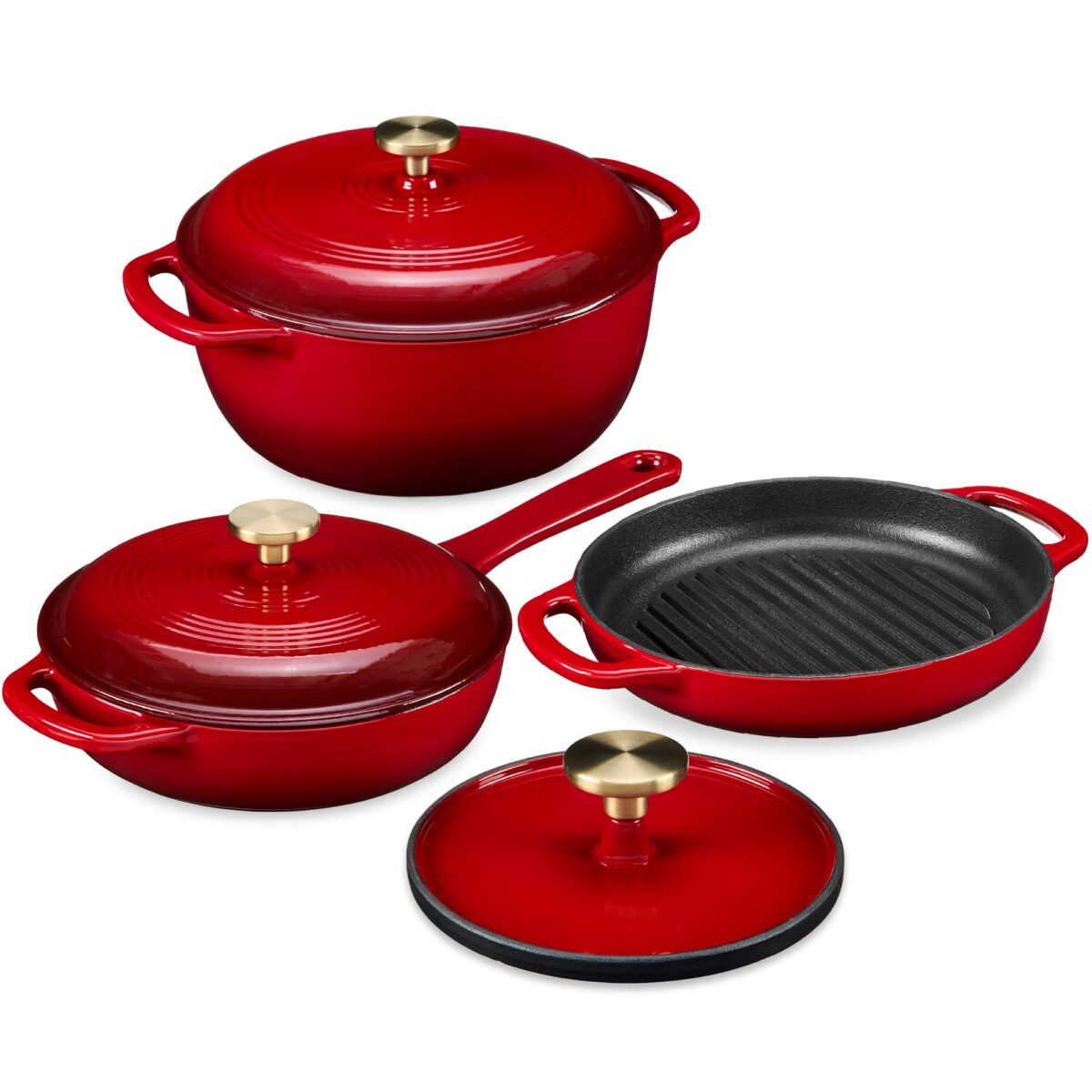 e3c24ee7-6e32-486e-9bb2-28d17e0fc1b6.jpg Best Choice Products - 6-PC Cast Iron Cookware Set, 6Qt Dutch Oven, 2Qt Skillet W/Lid, 10" Grill Pan W/Press - Red