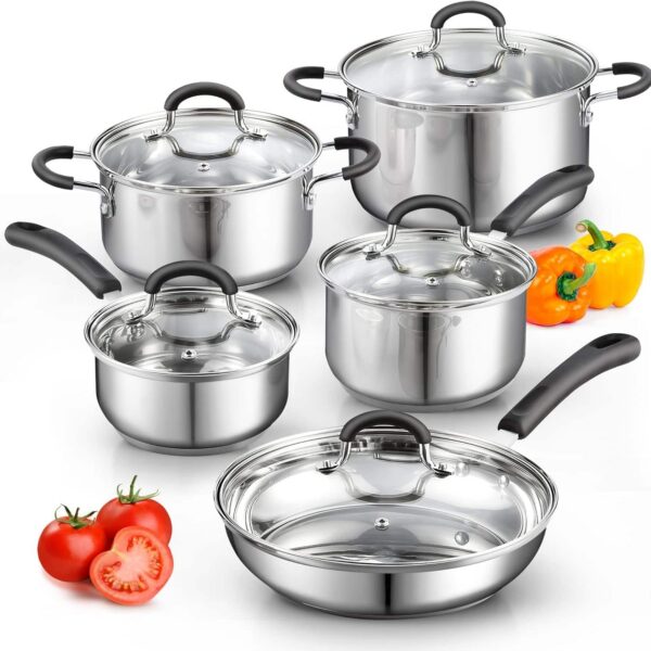 e3d93270-bf45-4c0f-b78a-0593d37c6cfb.jpg Cook N Home - Stainless Steel Cookware Sets 10-Piece, Pots and Pans Kitchen Cooking Set with Stay-Cool Handles - Silver