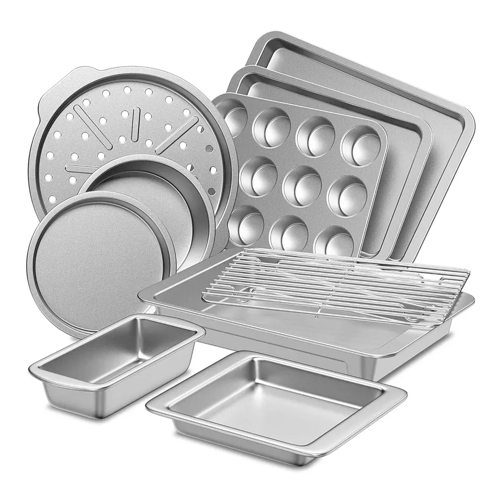 e42274ed-c5f6-4ad9-942d-e94646511437.jpg HONGBAKE - 10 Pieces Bakeware Sets Including Rack, Cookie Sheet, Cake Pans, Loaf Pan, Muffin Pan, Pizza Pan - Silver