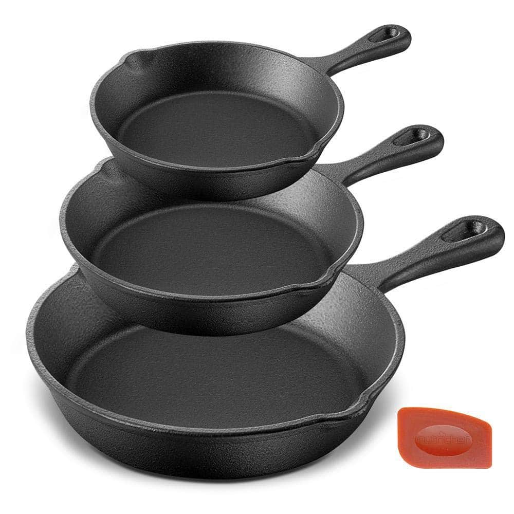 e675878f-eae4-4f18-9e61-e2eff78990c3.jpg NutriChef - Pre-Seasoned Cast Iron Skillets, 3-Piece Set, Drip Spout & Scraper, Compatible with All Cooktops (NCCI76) - Black