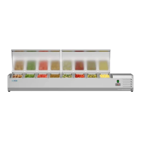 e6a5302c-b7ae-445c-80a0-7685ce09fc81.jpg Koolmore - 71 in. Eight Pan Refrigerated Countertop Condiment Prep Station - SCDC-8P-SSL - Stainless Steel