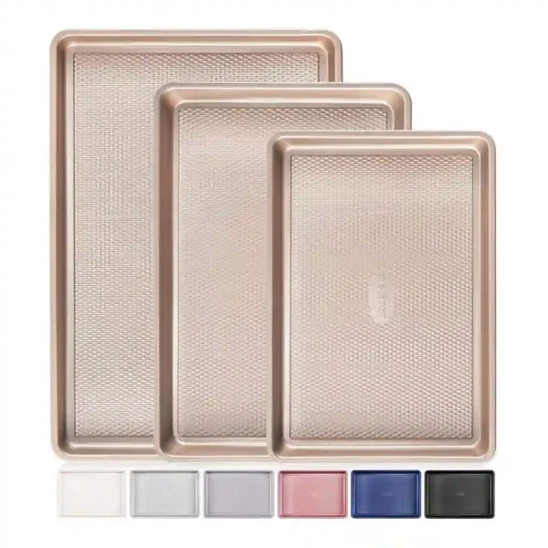 e7aed5dc-bba7-450f-9981-b8e193e4c106.jpg HONGBAKE - Baking Sheet Pan Set of 3, Cookie Sheets for Oven, Nonstick Half/Quarter/Jelly Roll Pans with Diamond Texture Pattern - Champagne Gold