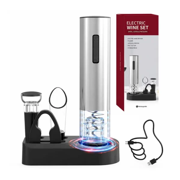 e825ad15-d11f-4233-a2b2-3fca6fe54c55.jpg COWIN - Rechargeable Electric Wine Bottle Corkscrew Opener with Foil Cutter Vacuum Stopper Wine Decanter and Storage Base - sliver