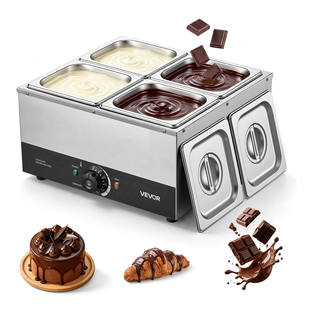e87b2c76-f7b8-424f-9d3d-694047643185.jpg VEVOR - Chocolate Melting Machine, 4 Tanks 17.6 Lbs Choc Commercial Melter, 1200W High Power, Water Bath Heating System - Silver;Black