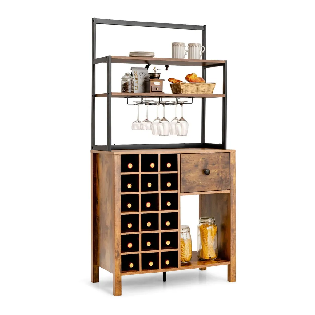 e9316488-398b-42e3-89f6-660aec881831.jpg Costway - Kitchen Islands Freestanding Wine Rack Table w/ Glass Holder & Drawer - Rustic