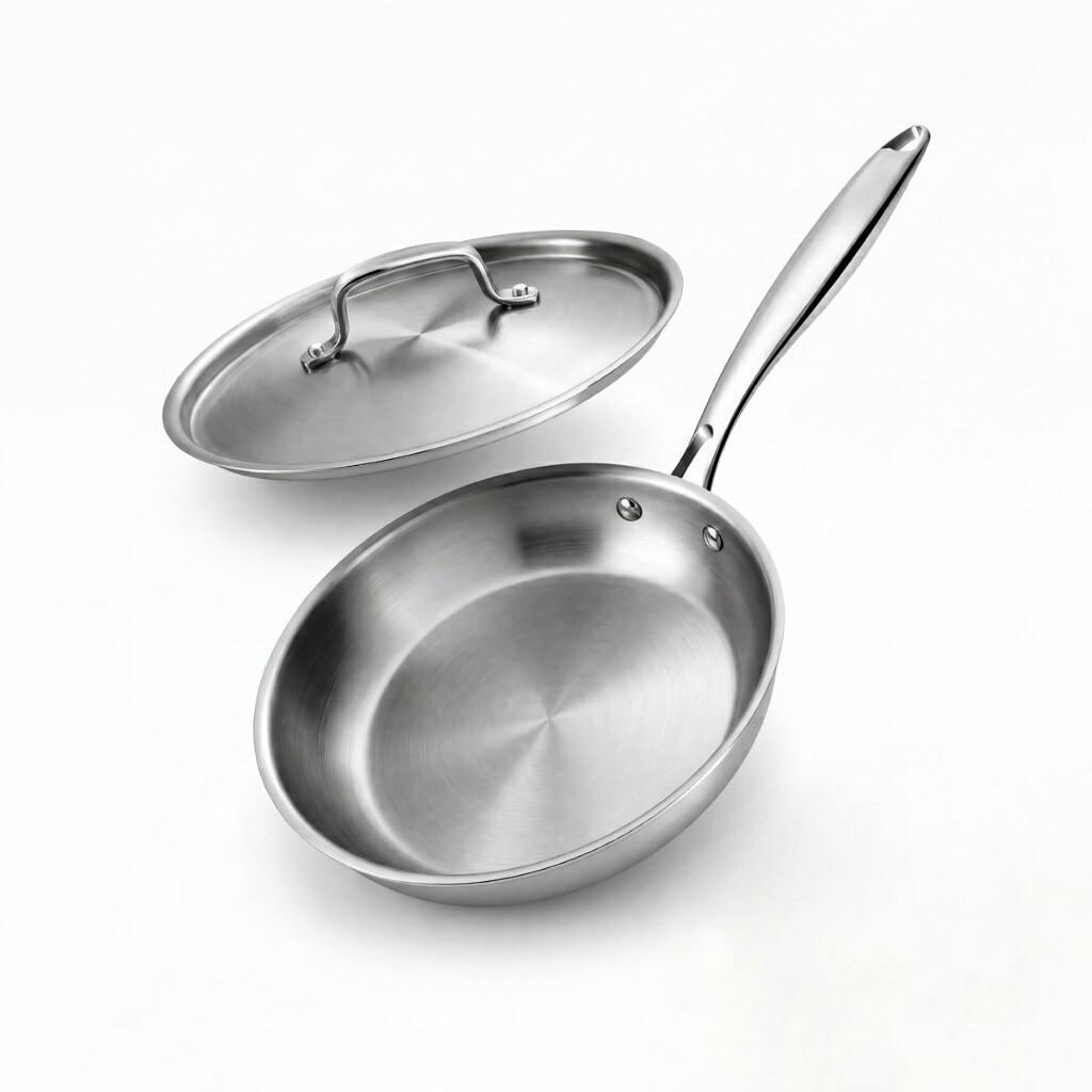 e975ddef-ce01-4d57-8283-4bee05ba152a.jpg Fortune Candy - 8-Inch Fry Pan with Lid, 3-ply Skillet, 18/8 Stainless Steel, Oven Safe to 450°F, Induction Compatible, Dishwasher Safe - Silver