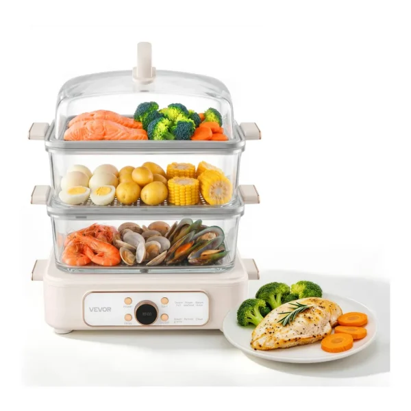 e9b76dd7-c446-4dcd-82b3-1bb5c21fa5fb.jpg VEVOR TL-ZK-1535 Electric Food Steamer 10.6 QT Glass with 3-Tier Stainless Steel Trays, 1200W Vegetable Steamer for Cooking, 2-4 Servings – Beige
