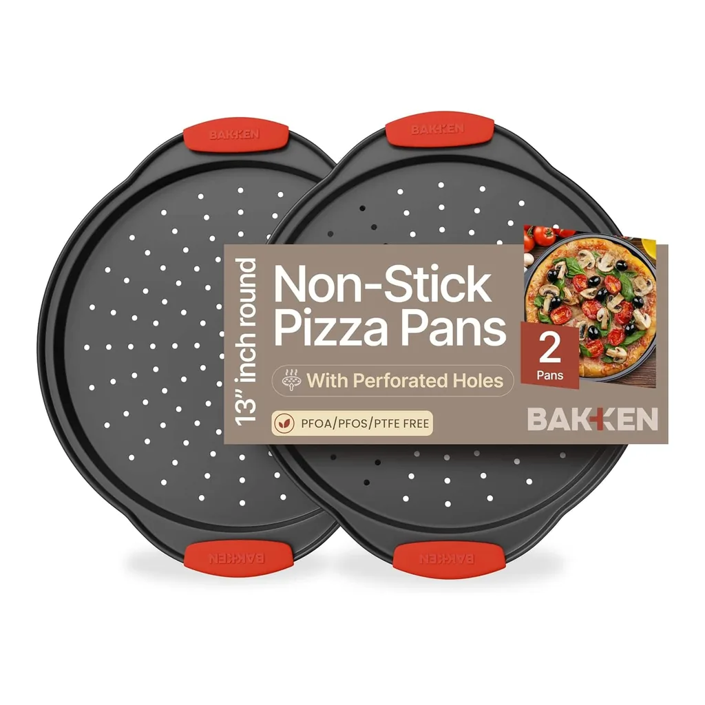 ea0f96f5-1cf1-47b1-a0cd-3f991d2ffb51.jpg Bakken- Swiss - Bakken 2-Pack Round Pizza Trays with Holes & Silicone Handles – Non-Stick, PFOA, PFOS & PTFE Free - Black