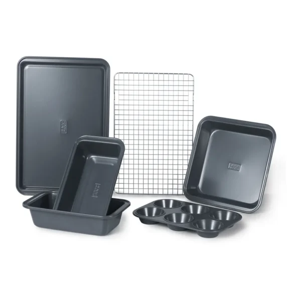 ec1e2fc1-46df-4317-b976-89a59acdc943.jpg Black+Decker - 6-Piece Carbon Steel Bakeware Set,Includes Cookie Sheet, Cooling Rack, Loaf Pans, Cake Pan and Muffin Pan - Black