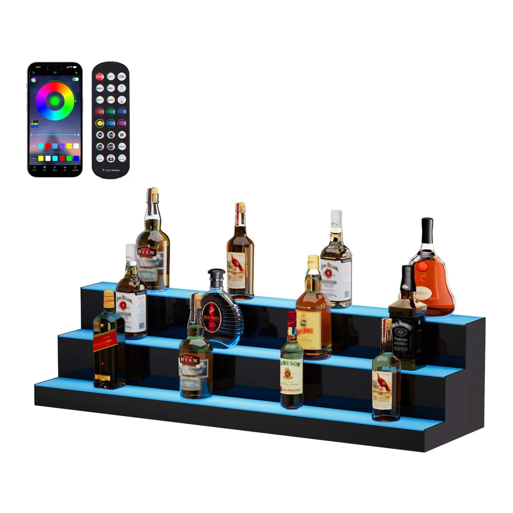 ec21829e-3cae-46af-b636-2cdb390f3a56.jpg VEVOR - LED Lighted Liquor Bottle Display, 3 Tiers 40 Inch Commercial Illuminated Home Bar Shelf - Transparent
