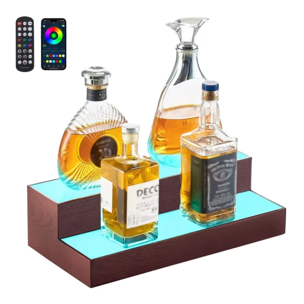 ee604813-d52f-42ce-ab58-1520817de2c5.jpg VEVOR - LED Lighted Liquor Bottle Display, 2-Tier 16 Inch Whiskey Rack, Supports USB, Illuminated Home Bar Shelf with RF Remote - White + brown