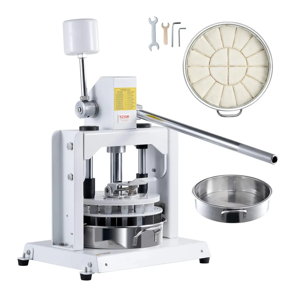ef489e3e-6015-41db-b83f-272844c1429b.jpg VEVOR - Dough Divider Rounder, 18PCS Manual Dough Equal Divider Machine, 2.11oz - 9.88oz Hand Press Dough Cutter - White