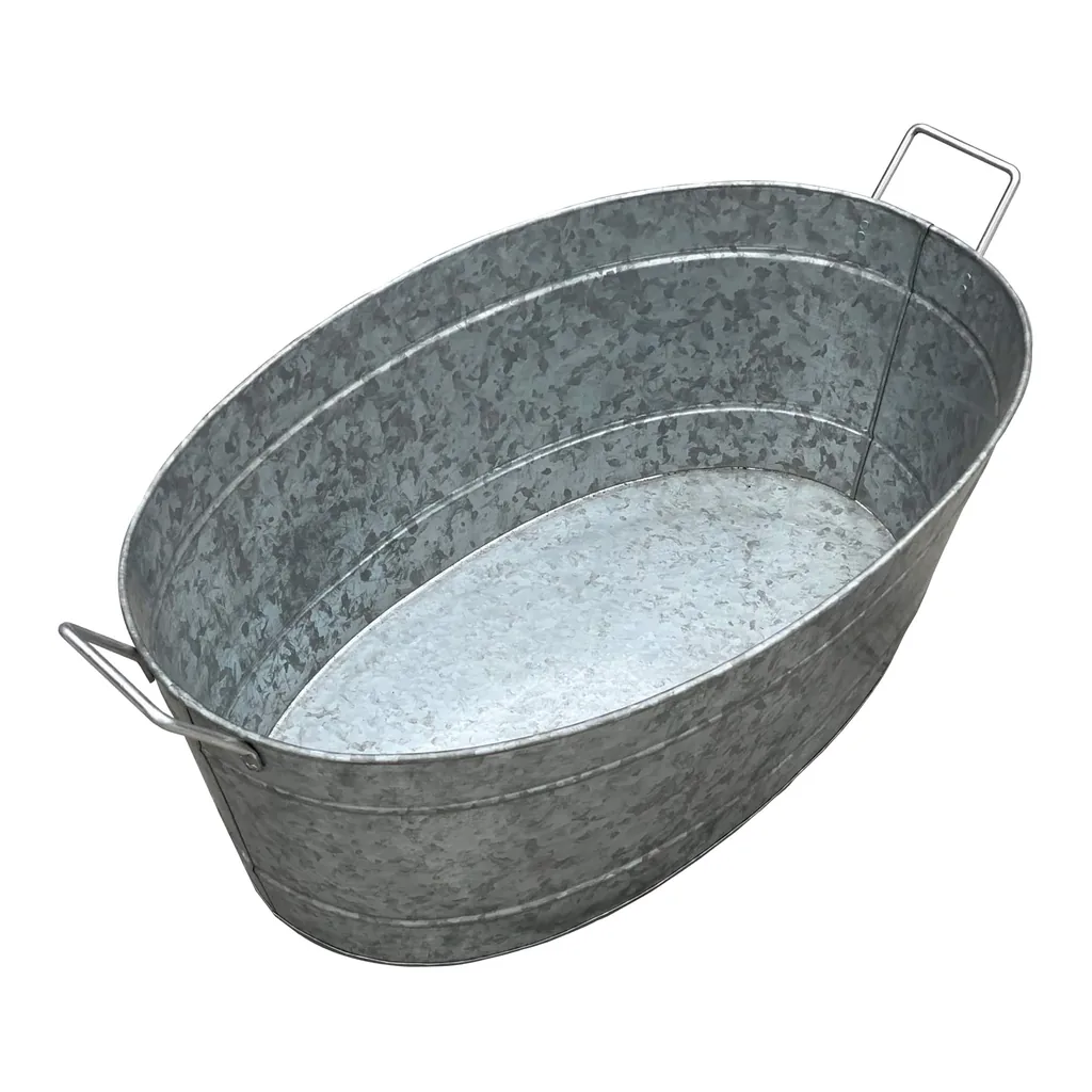 f0248703-cbfa-4a3d-8859-364f73e6e83f.jpg Manhattan Lane - Thea Embossed Design Oval Shape Galvanized Steel Tub with Side Handles, Large - Silver