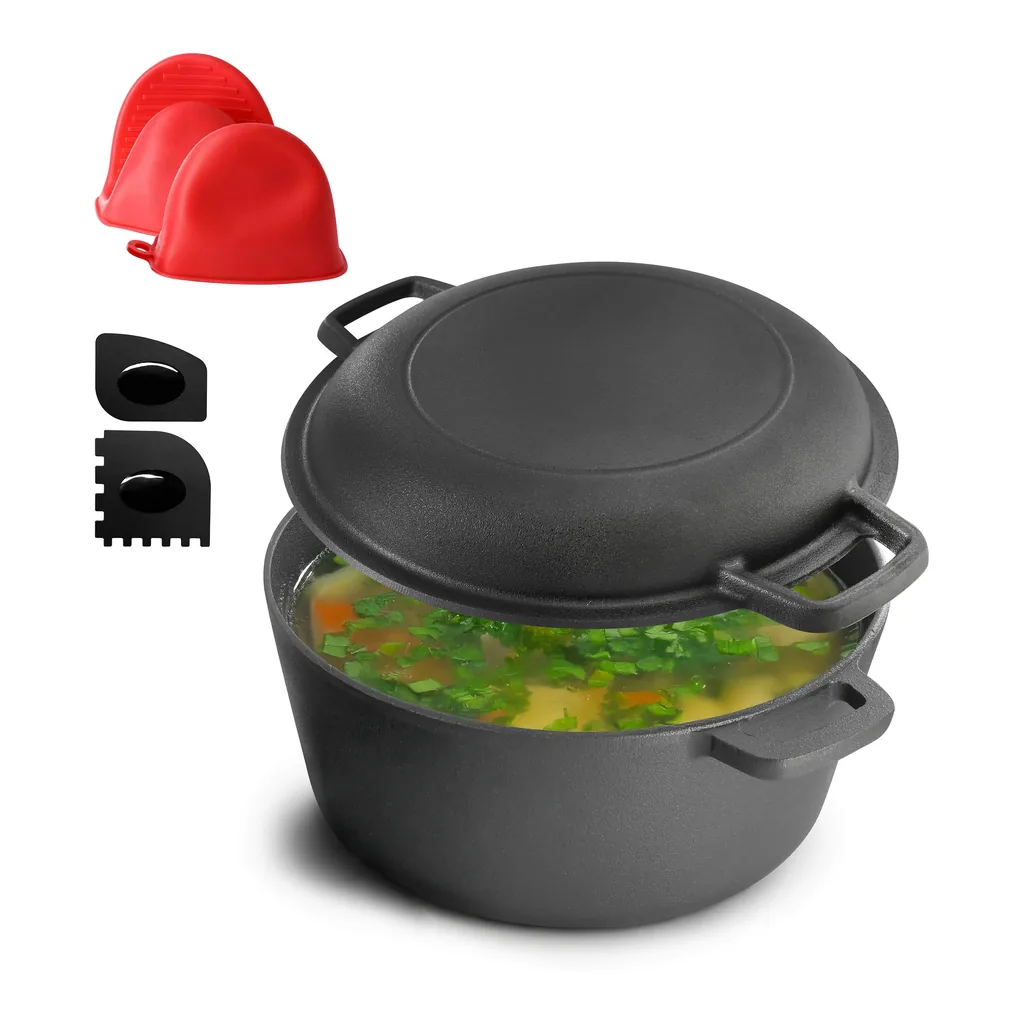 f1d2c4e8-42bb-4dd2-b10e-d1afddb3453b.jpg MegaChef - 5 Quart Pre-Seasoned 2-in-1 Cast Iron Dutch Oven and Skillet - Black
