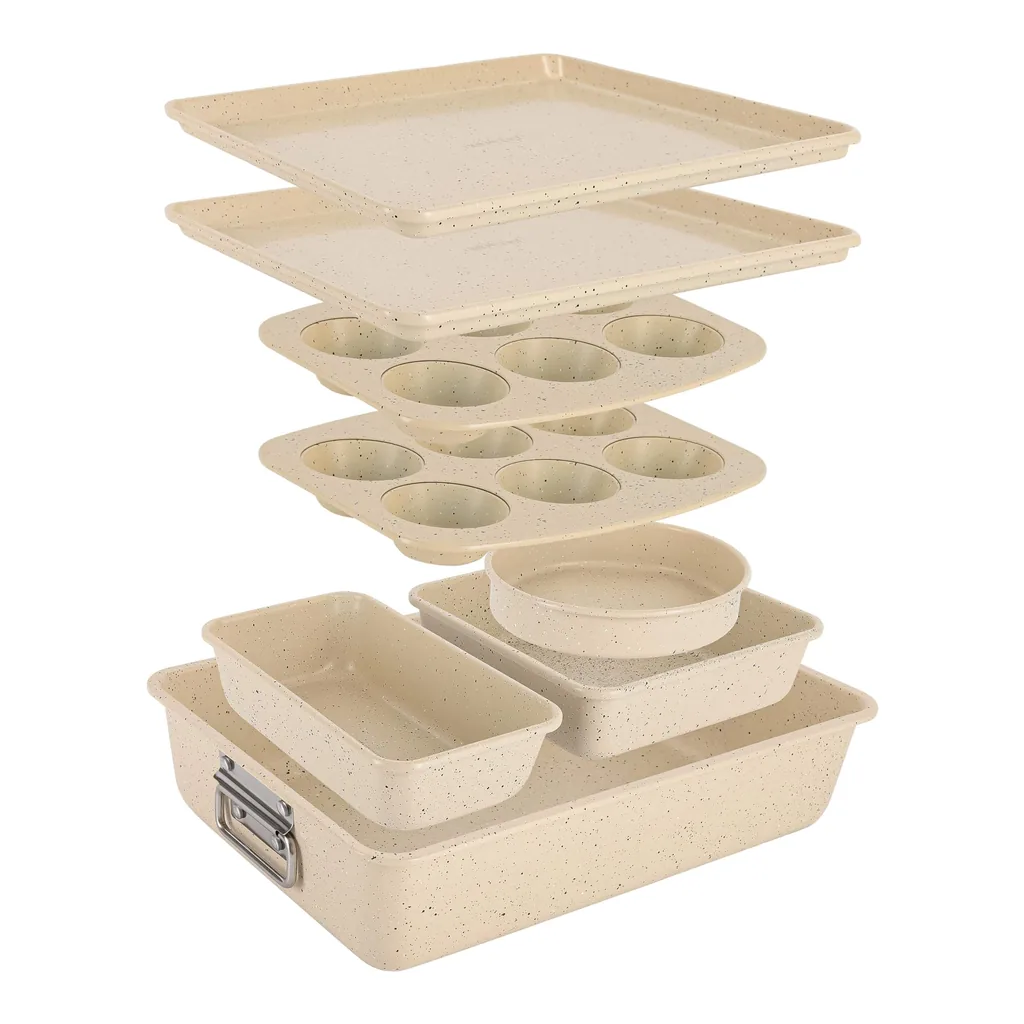 f228c01f-f6af-4ba5-9810-d1806a9774a1.jpg NutriChef - 8-Piece Stackable Bakeware Set – Non-Stick Carbon Steel, 450°F Heat Resistant Marble Cream (NCBKSTK11)