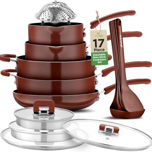 f23e9b04-3a69-435f-8e1a-dd6f98da37e5.jpg NutriChef - 17-Piece Non-Stick Cookware Set - Stackable, Induction Base, Foldable Knobs - Brown
