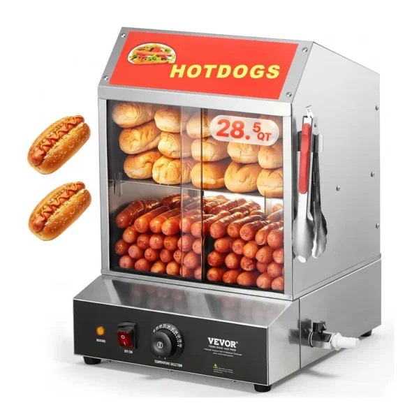 f429a850-8456-40cf-b94b-886794ef2eec.jpg VEVOR NB-RGG-001 Hot Dog Steamer, 28.5QT, 2-Tier Hot Dog Hut Steamer, 86℉~185℉ Temperature Control, Electric Bun Warmer with Tempered – Silver