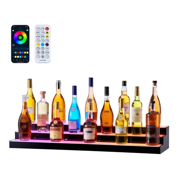 f4e92cd8-eb87-4424-ae74-d6e792f7e9d7.jpg VEVOR - LED Lighted Liquor Bottle Display, 3 Tiers 40 inches, Acrylic Illuminated Home Bar Shelf Display with RF Remote - Black