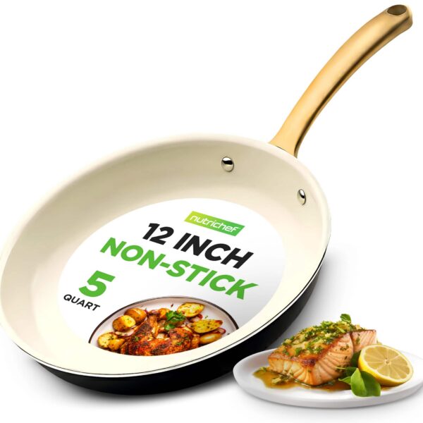 f510efe9-41c2-446f-8c48-9019d5c41704.jpg NutriChef - 12-Inch Professional Ceramic Frying Pan, Golden Titanium Handle, Non-Stick, Easy to Clean (NCHG12) - Black