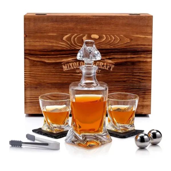f82b5f71-26b6-43b3-ba69-9af446021963.jpg Zulay Kitchen - Premium Whiskey Decanter Set with 2 Crystal Whiskey Glasses & Stainless Steel Balls Chilling Stones - Clear
