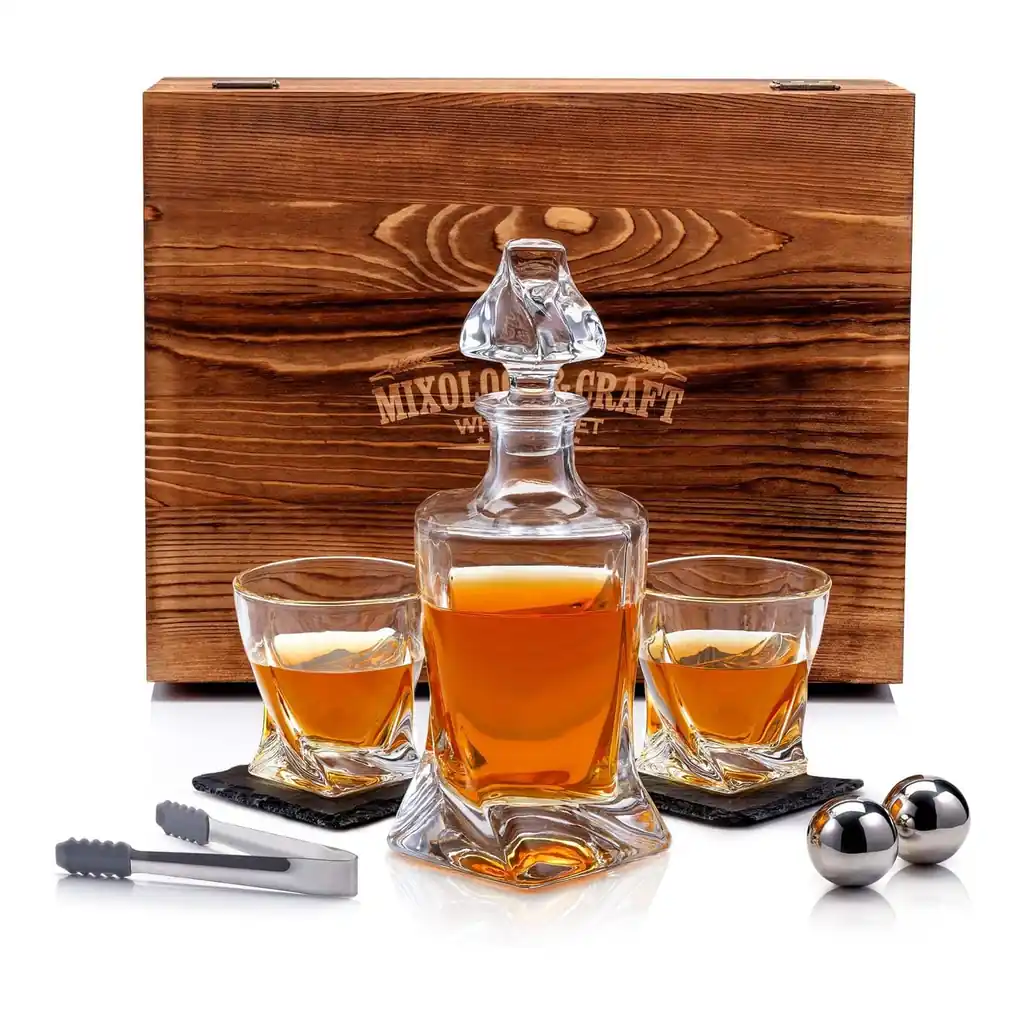 f82b5f71-26b6-43b3-ba69-9af446021963.jpg Zulay Kitchen - Premium Whiskey Decanter Set with 2 Crystal Whiskey Glasses & Stainless Steel Balls Chilling Stones - Clear